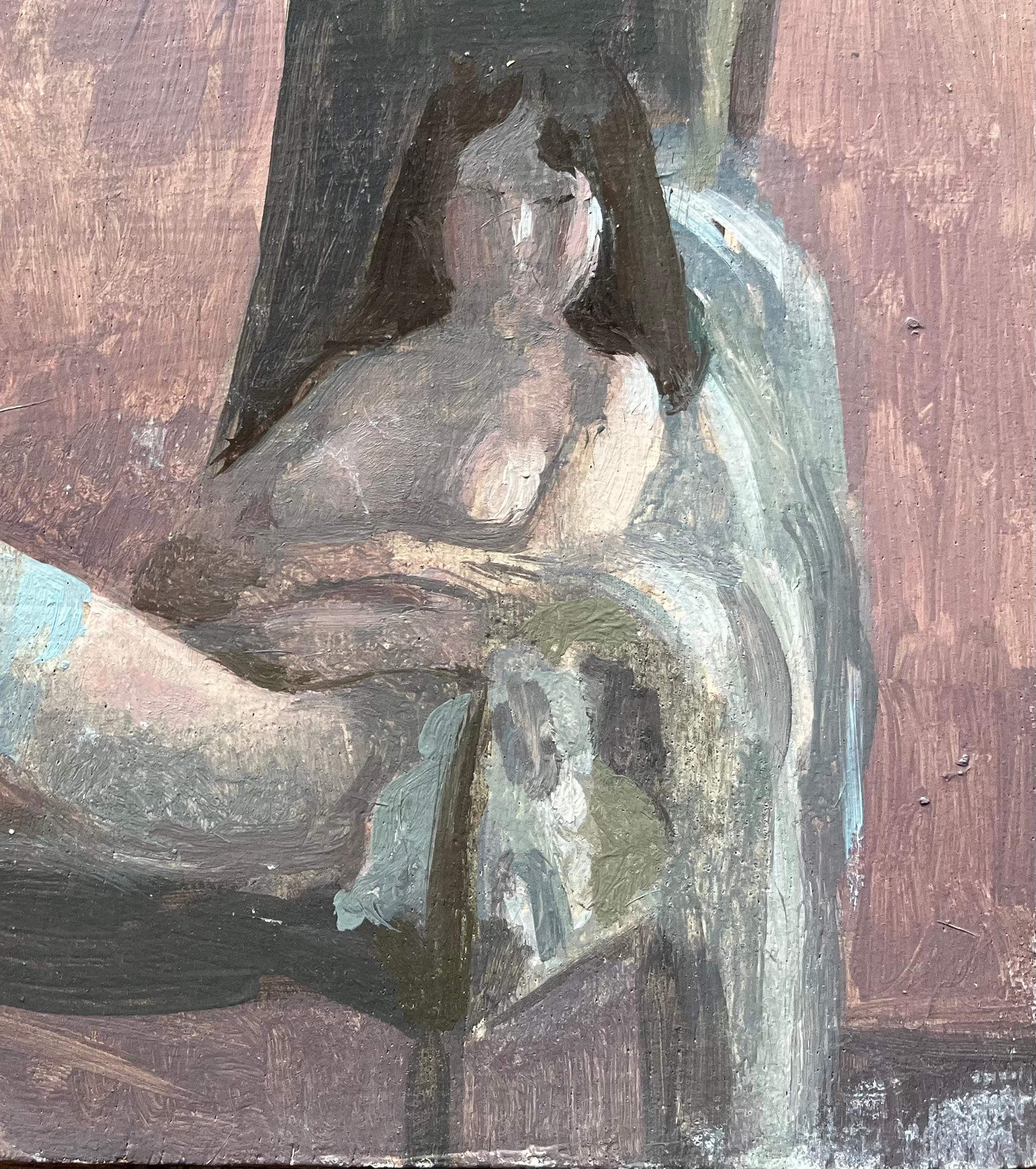 Óleo francés modernista Mujer desnuda reclinada Medias y zapatos azules - Painting Moderno de Bernadette Kelly