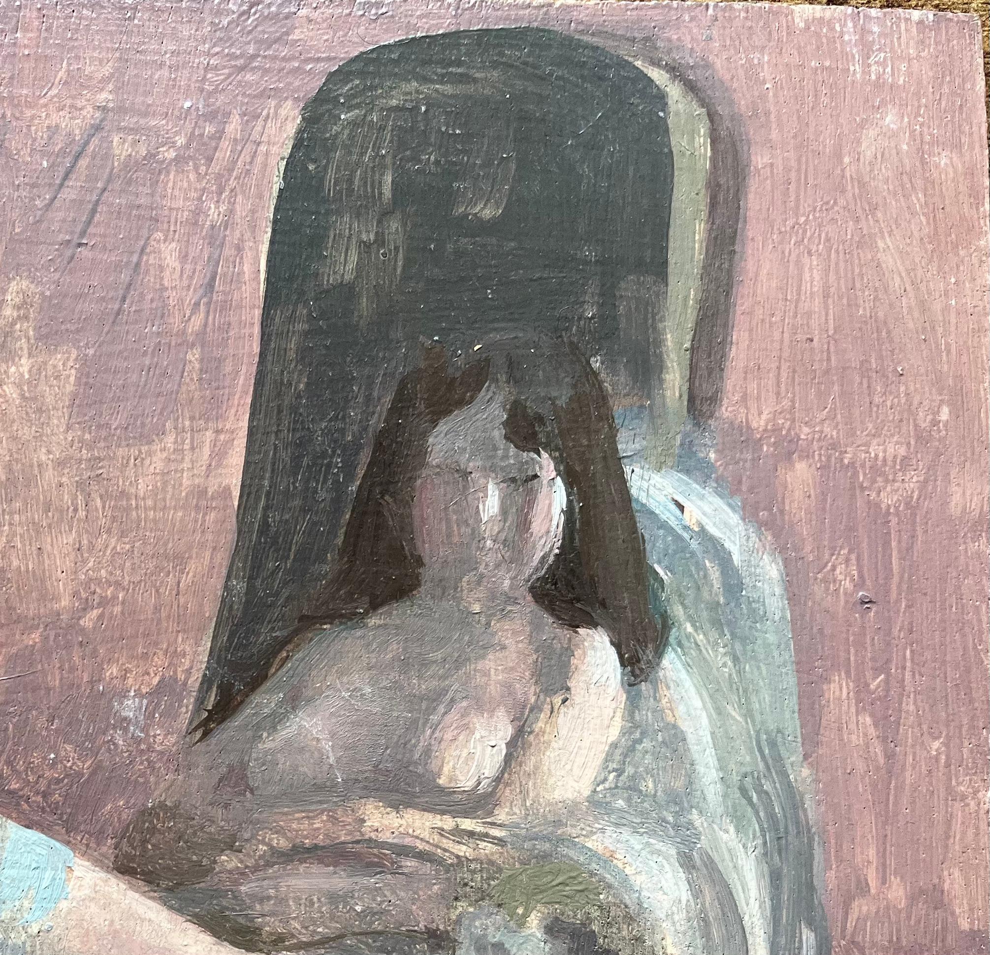Óleo francés modernista Mujer desnuda reclinada Medias y zapatos azules - Figurative Painting Gris de Bernadette Kelly