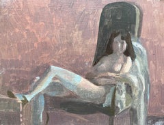 Modernist French Oil Painting Reclining Nude Woman Blue Stockings and Shoes