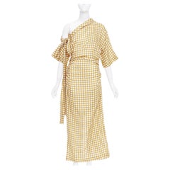 BERNADETTE Nowie brown off white gingham linen asymmetric belted dress IT40 S