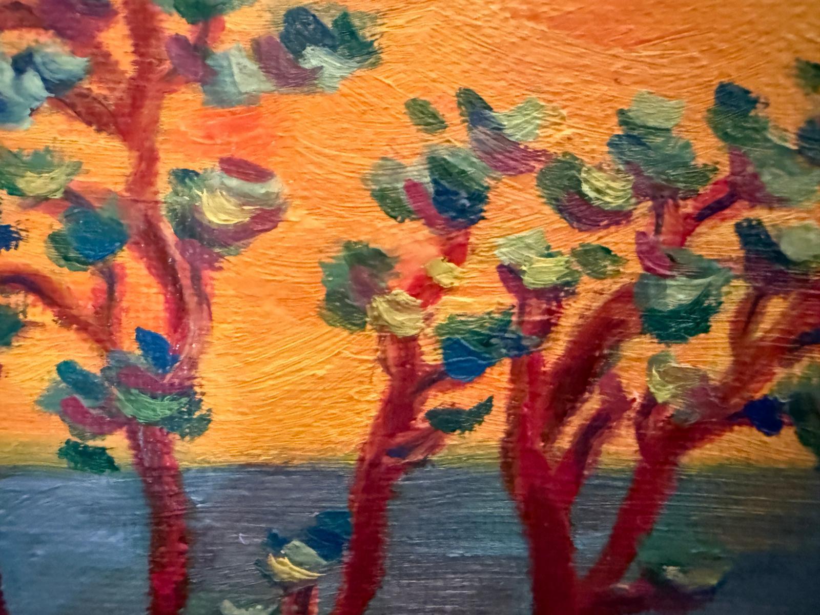 Zeitgenössische provenzalische Küstenlandschaft in Öl auf Leinwand der niederländischen Künstlerin Bernadette Van Baarsen. Signiert unten links.

Dieses Kunstwerk fängt auf brillante Weise eine lebendige Meereslandschaft bei Sonnenuntergang ein und