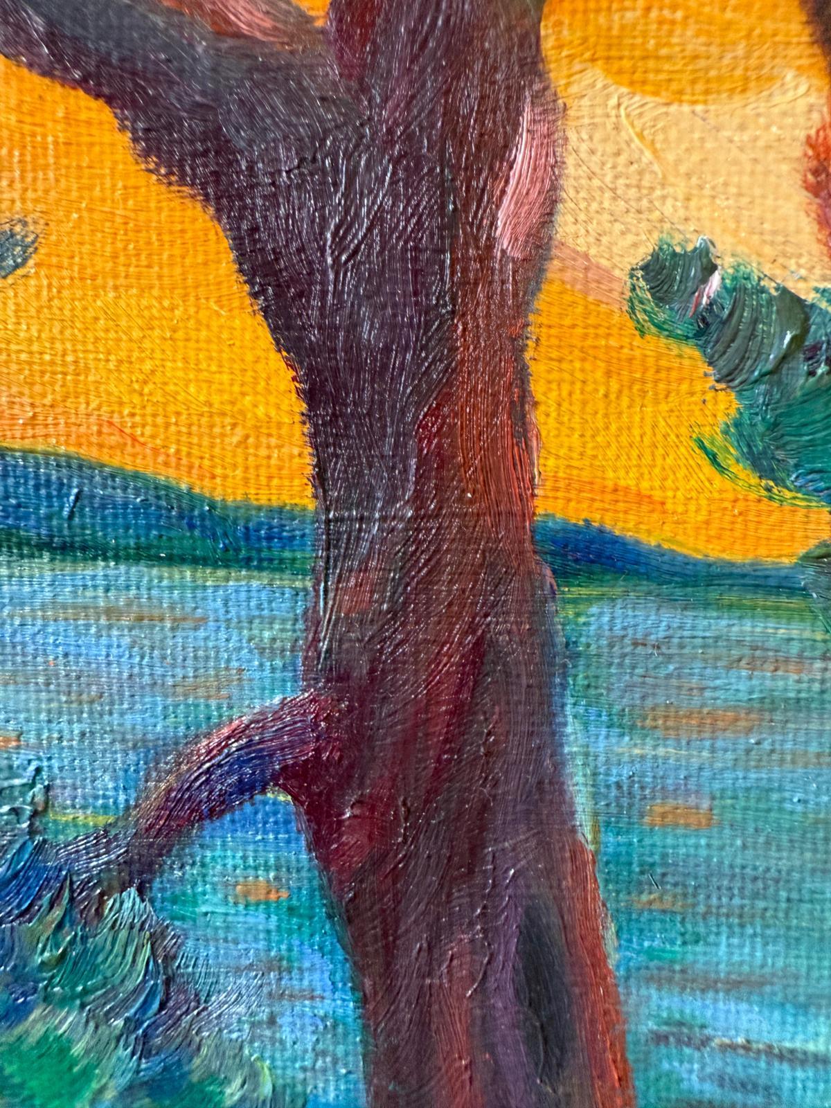 Eine zeitgenössische provenzalische Küstenlandschaft in Öl auf Leinwand der niederländischen Künstlerin Bernadette Van Baarsen. Signiert unten links.

Dieses lebendige Kunstwerk fängt die heitere und doch dynamische Kreuzung der Elemente der Natur