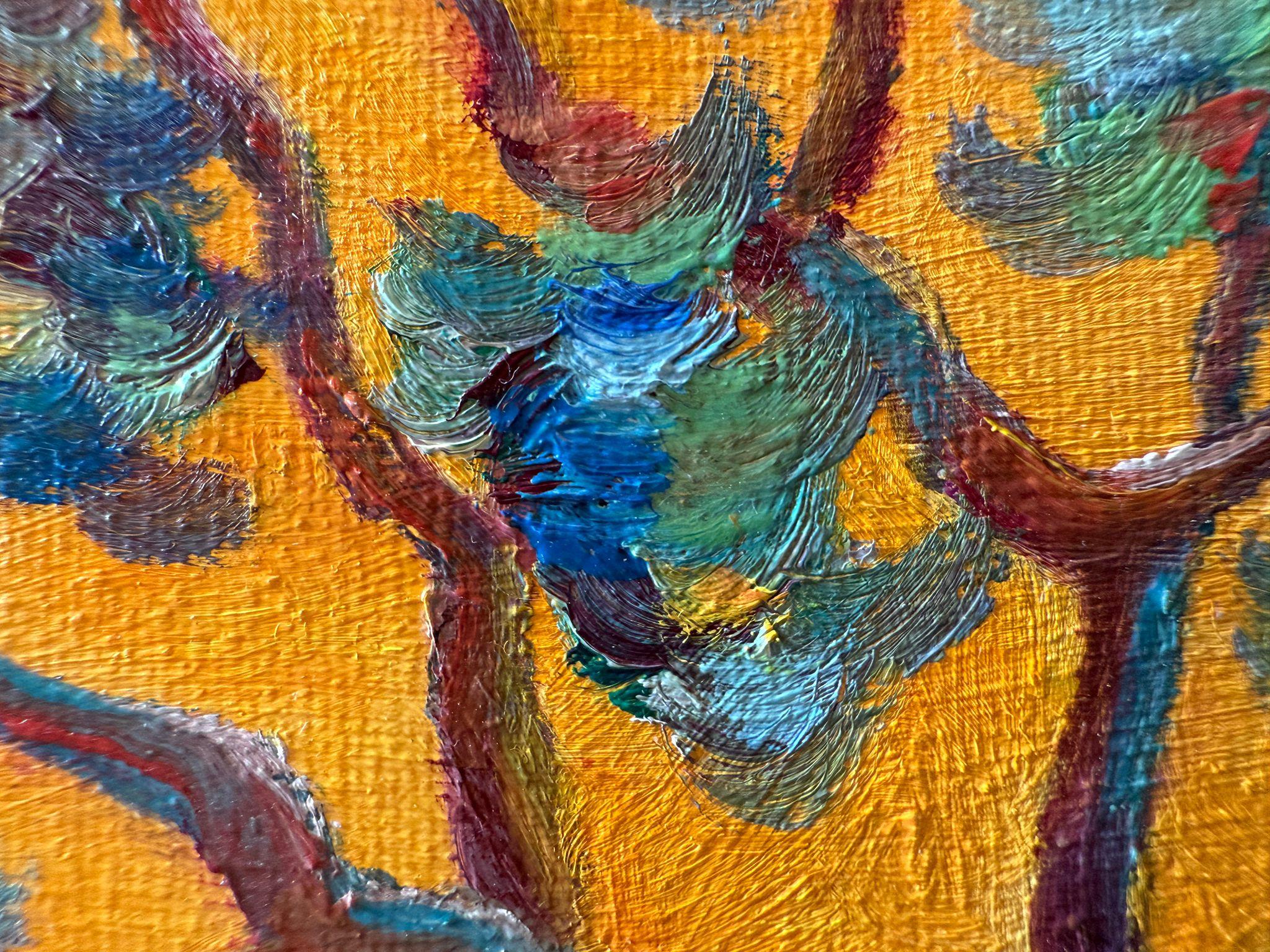 A Provençal Coastal landscape in oil on canvas by Dutch artist Bernadette Van Baarsen.  Signed bottom right. 

This vibrant artwork captures a lone tree perched on a rocky cliff against a striking yellow-orange sky. The background glows with warmth,
