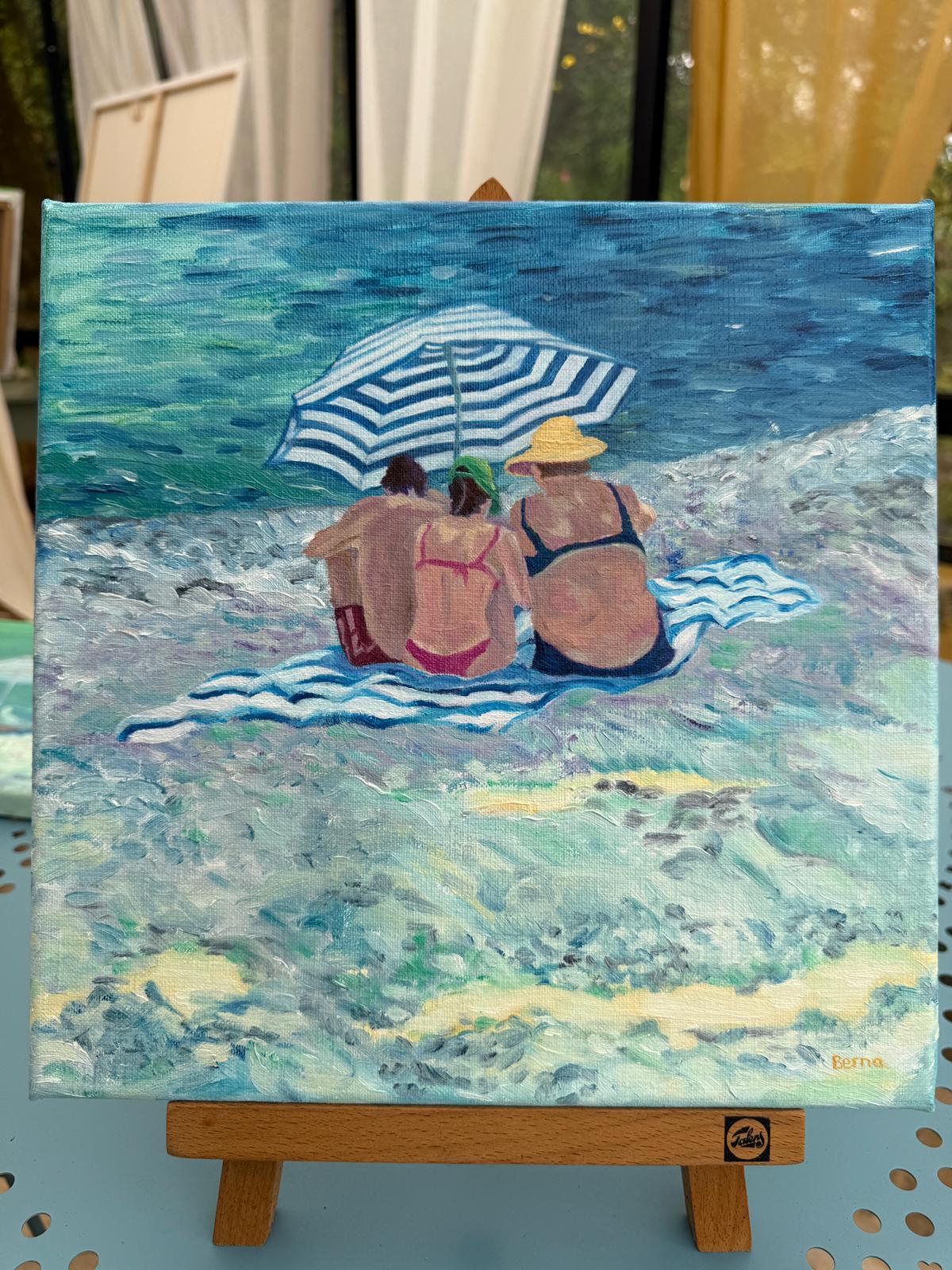 Scena di spiaggia in bianco e blu in olio su lino. Sous un Parasol. No.1