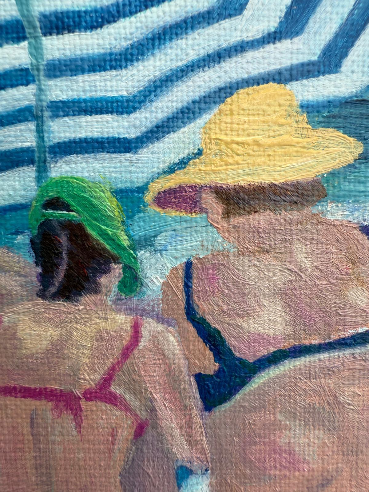 Scena di spiaggia in bianco e blu in olio su lino. Sous un Parasol. No.1