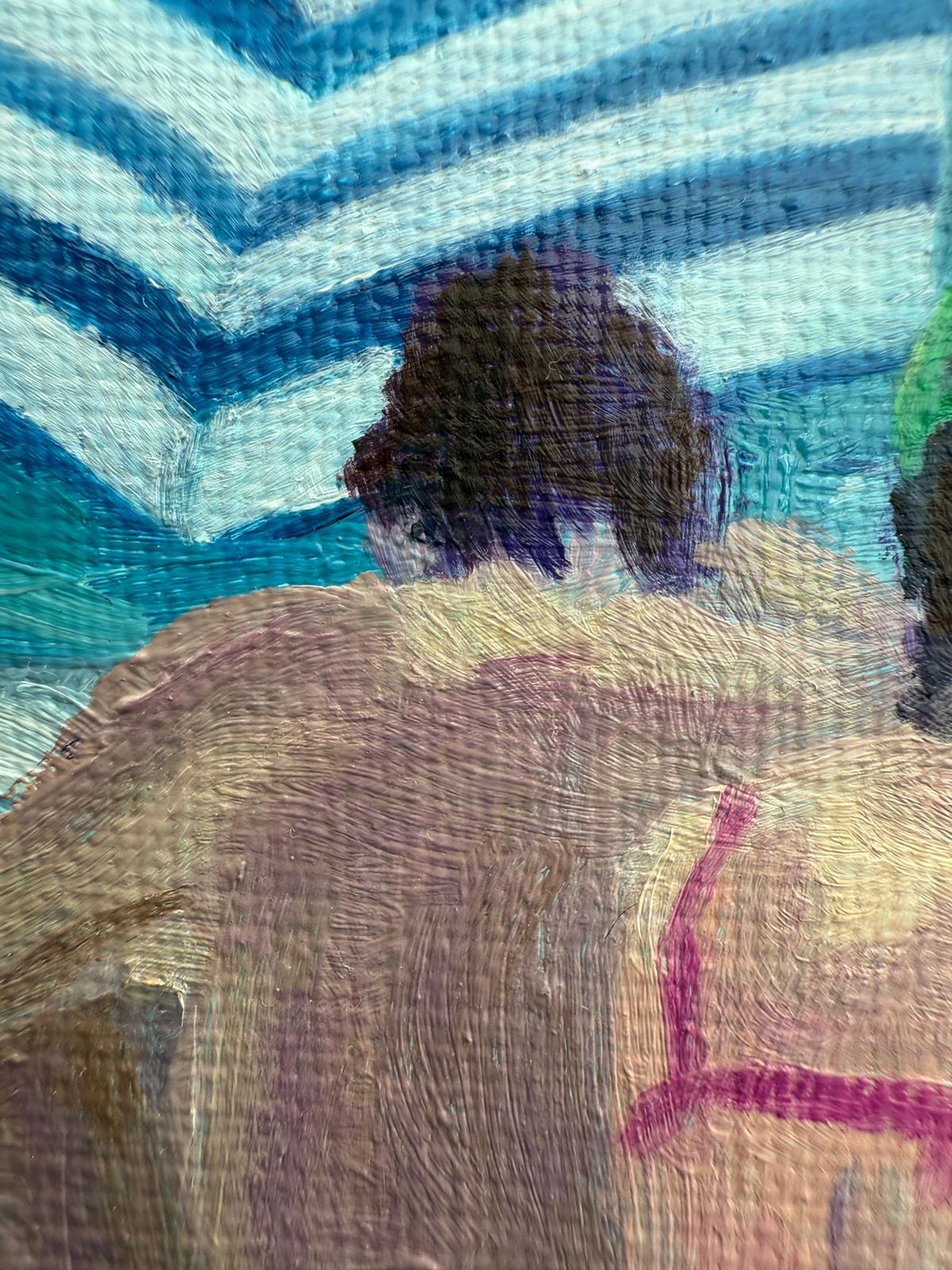 Scena di spiaggia in bianco e blu in olio su lino. Sous un Parasol. No.1