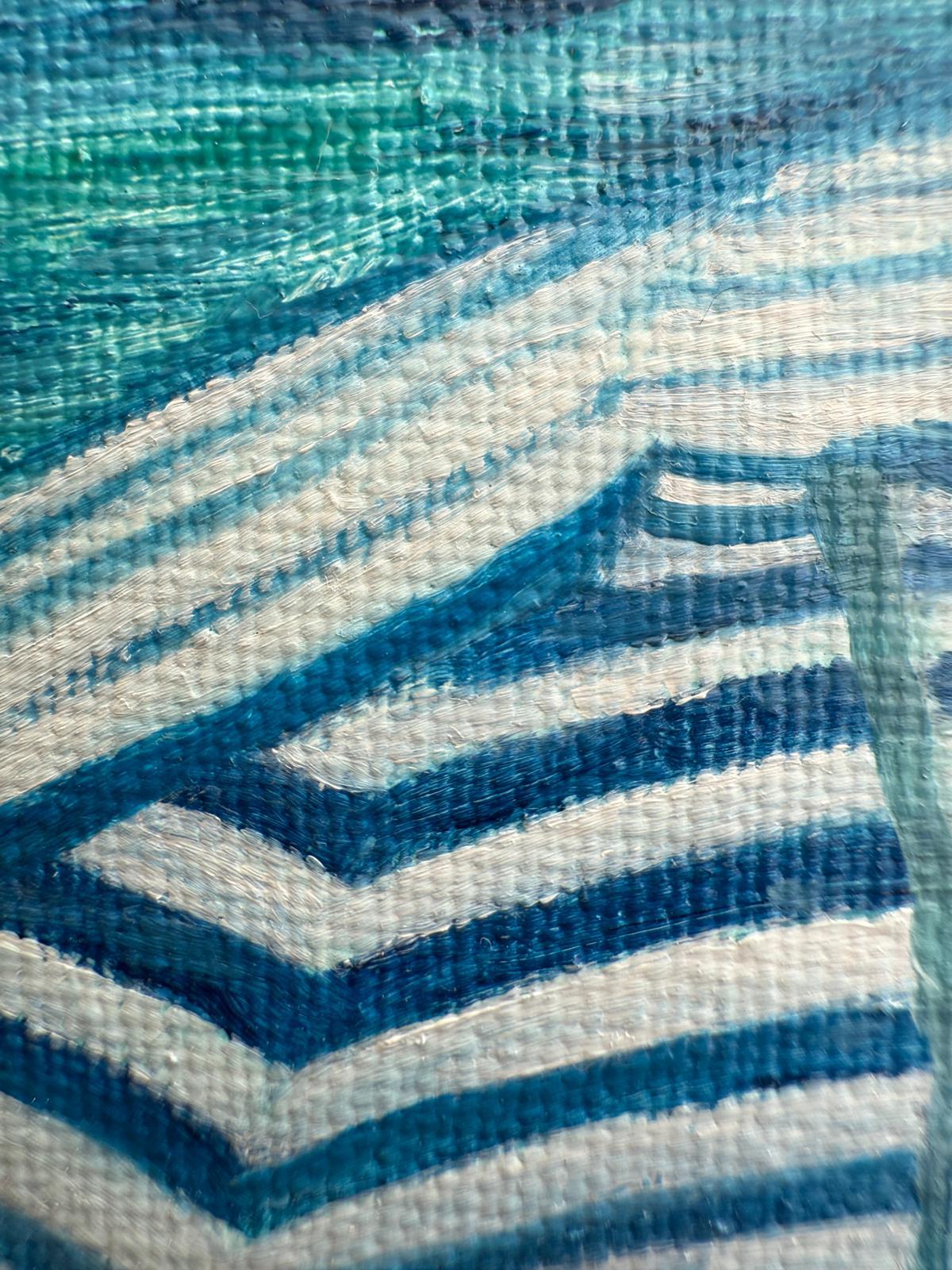 Scena di spiaggia in bianco e blu in olio su lino. Sous un Parasol. No.1