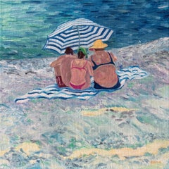 Scène de plage bleue et blanche à l'huile sur lin. Sous un parasol. No.1".
