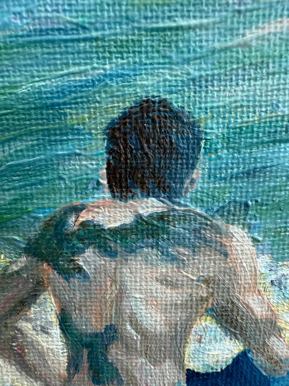Escena de playa provenzal azul y blanca en óleo sobre lienzo. 'Tatuajes'.. - Painting de Bernadette van Baarsen 