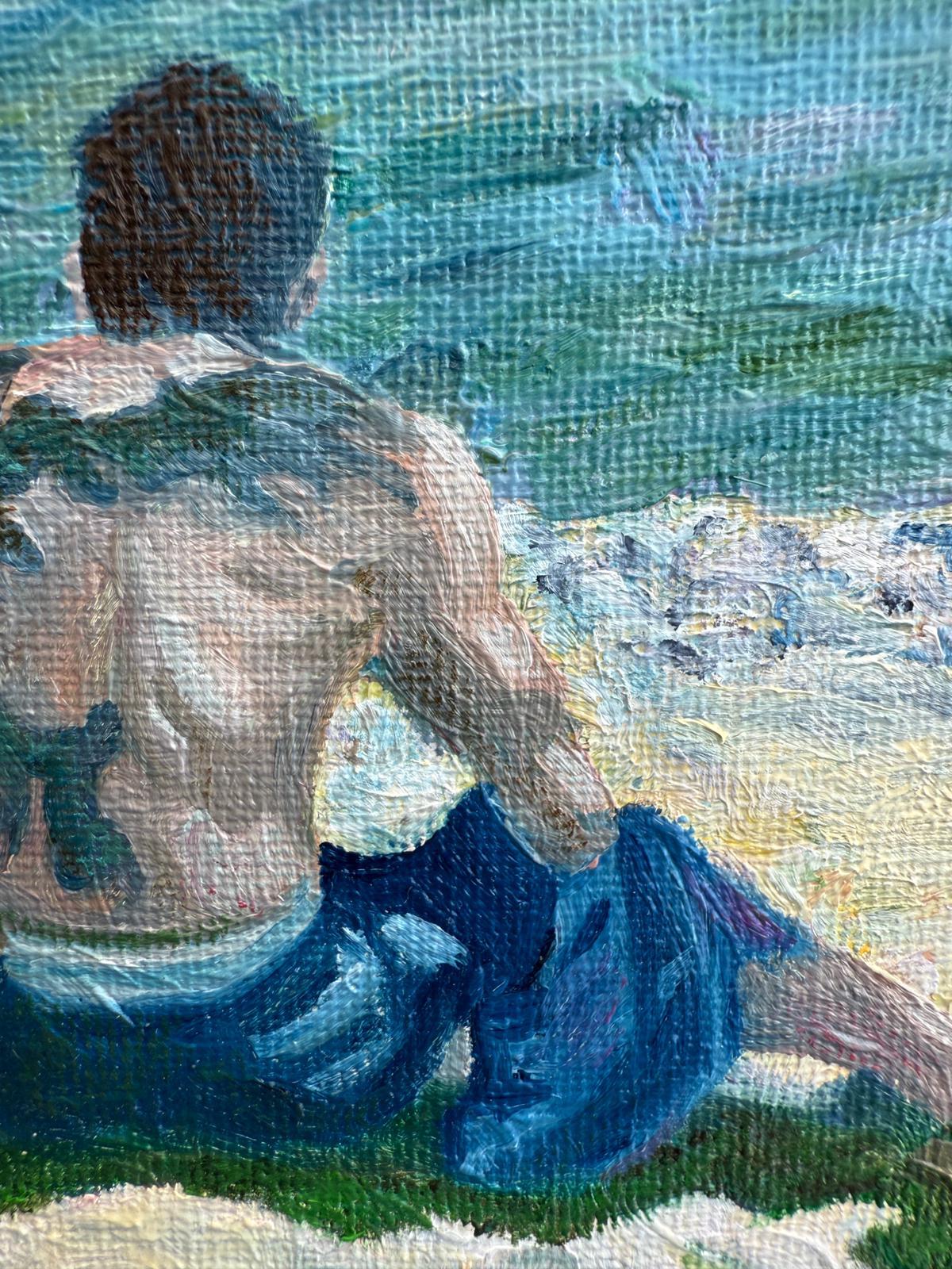 Escena de playa provenzal azul y blanca en óleo sobre lienzo. 'Tatuajes'.. - Painting Otro estilo de arte de Bernadette van Baarsen 