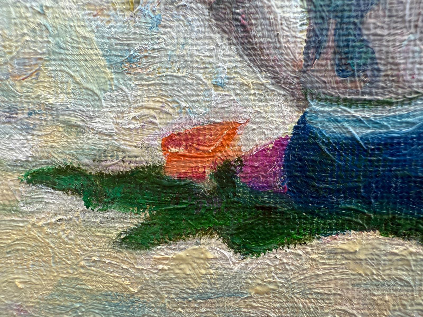Escena de playa provenzal azul y blanca en óleo sobre lienzo. 'Tatuajes'.. - Figurative Painting Azul de Bernadette van Baarsen 