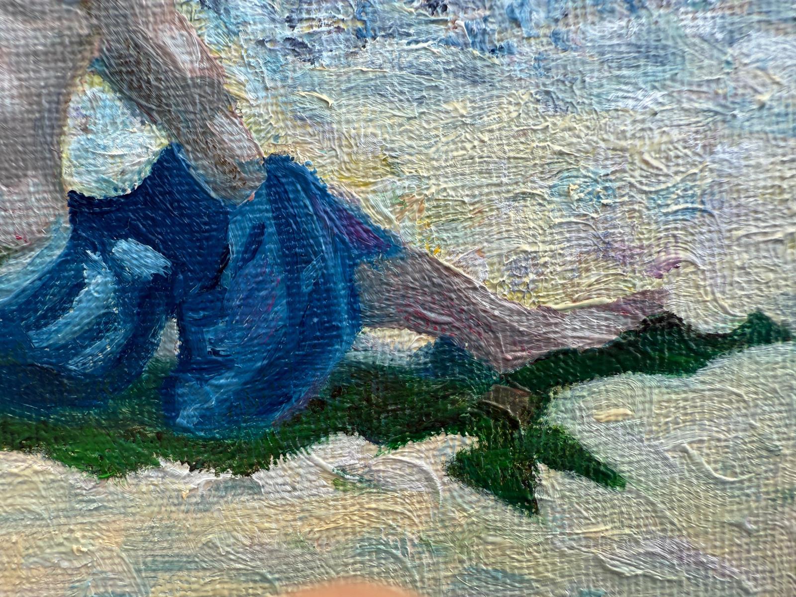 Escena de playa provenzal contemporánea en óleo sobre lienzo de la artista holandesa Bernadette Van Baarsen.  Señalizado en el lado derecho del chasis.

Esta obra de arte representa una figura solitaria sentada en una playa iluminada por el sol,