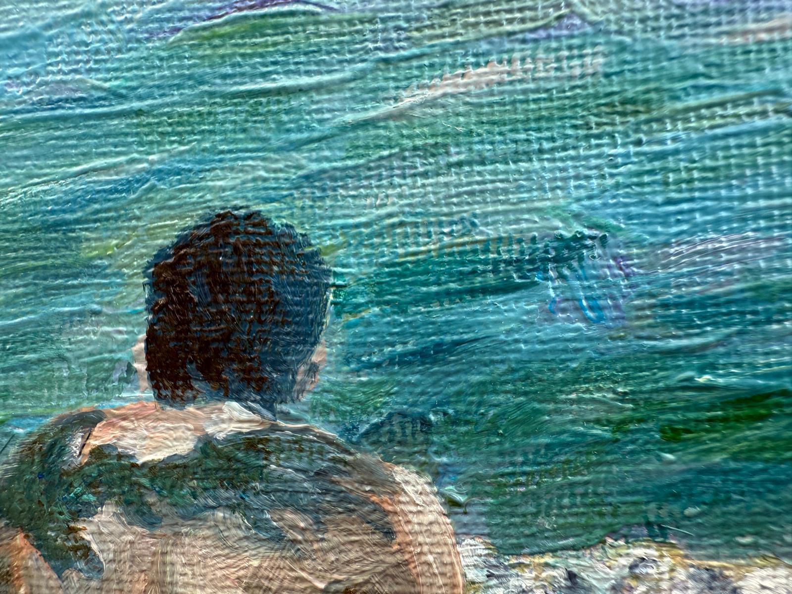 Escena de playa provenzal azul y blanca en óleo sobre lienzo. 'Tatuajes'.. en venta 1