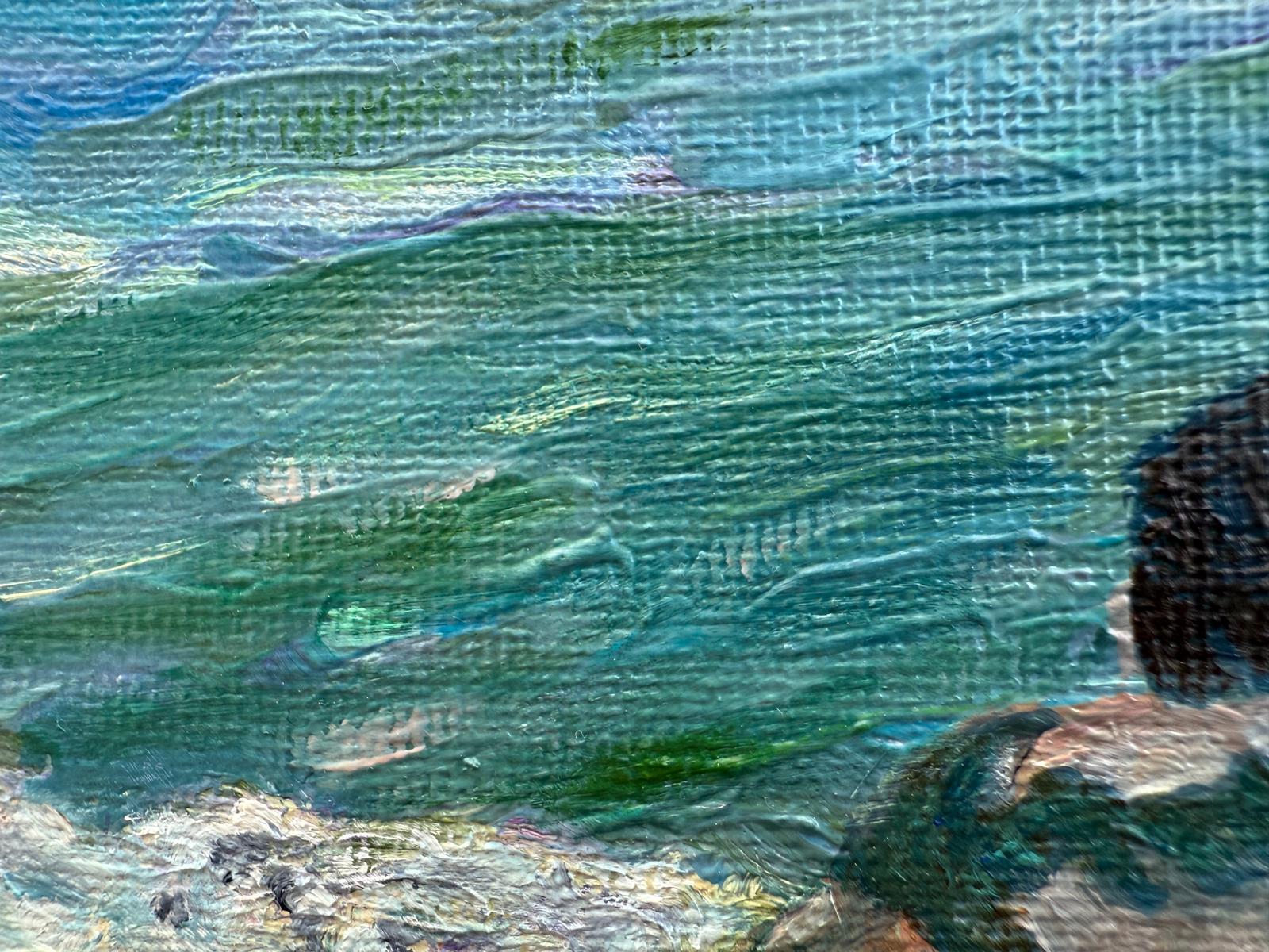 Escena de playa provenzal azul y blanca en óleo sobre lienzo. 'Tatuajes'.. en venta 2