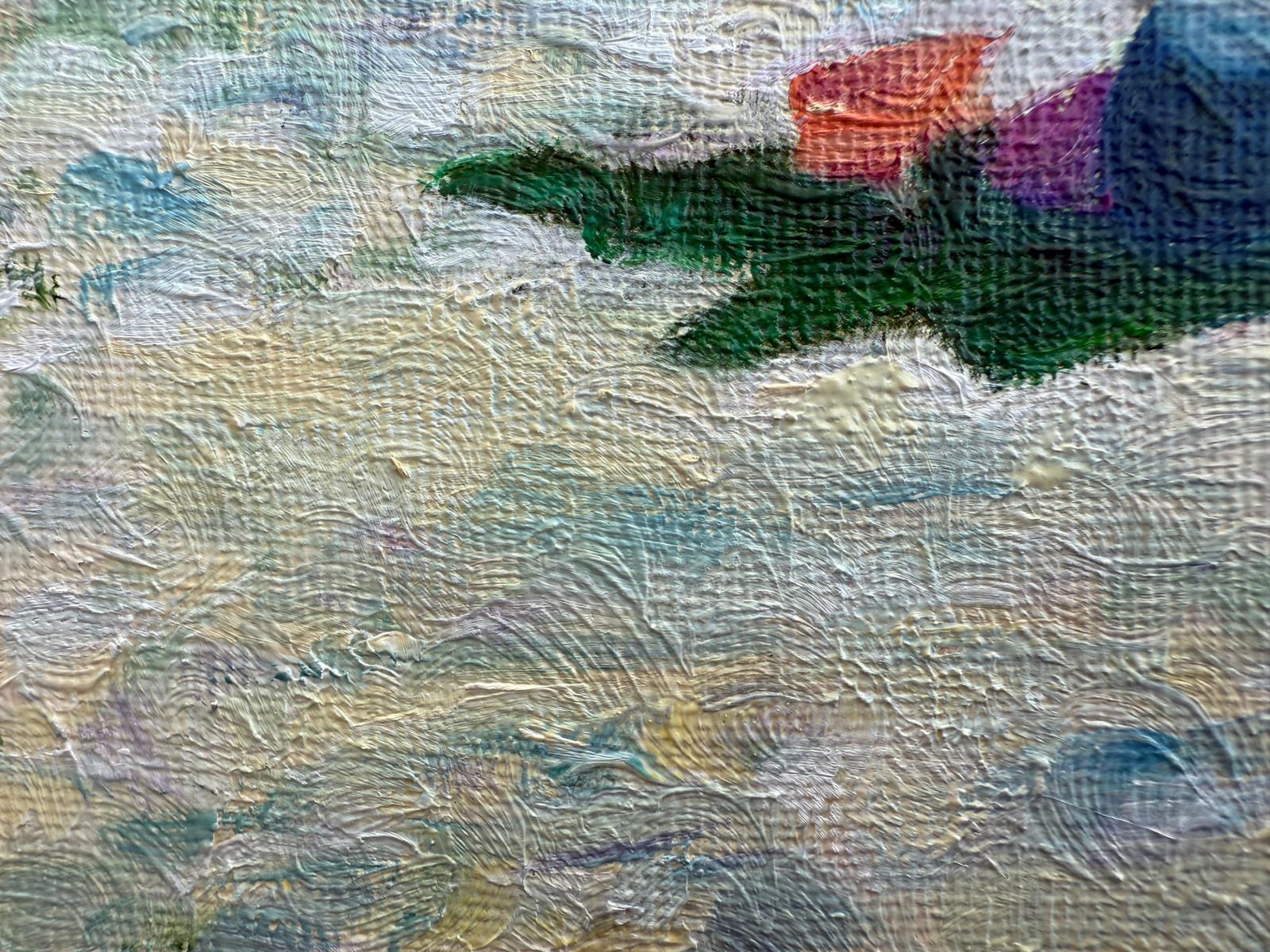 Escena de playa provenzal azul y blanca en óleo sobre lienzo. 'Tatuajes'.. en venta 3