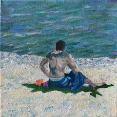 Escena de playa provenzal azul y blanca en óleo sobre lienzo. 'Tatuajes'..