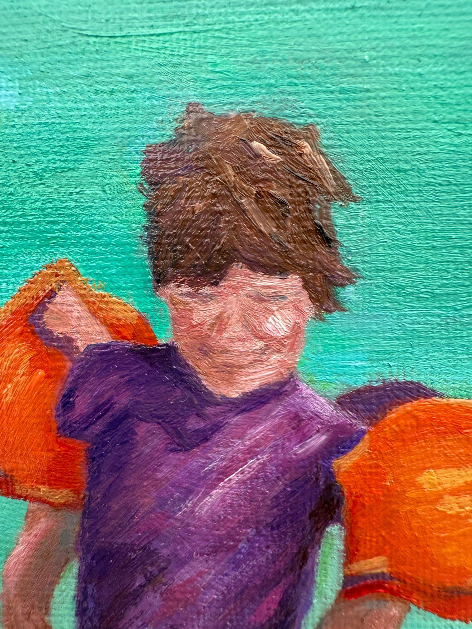 Scena di spiaggia blu e gialla in olio su lino. Ballon de Plage n.1 - Painting di Bernadette van Baarsen 