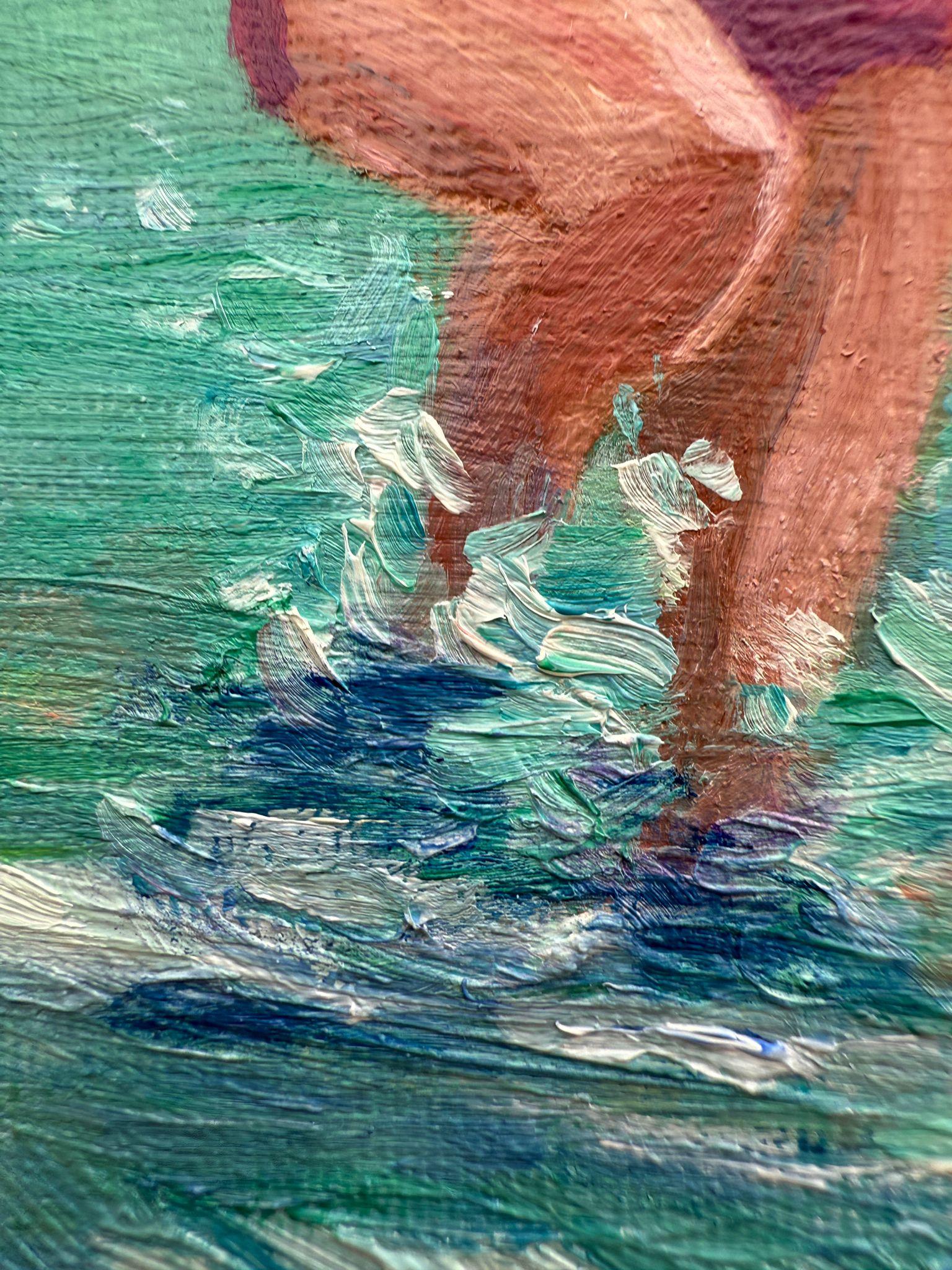 Scena di spiaggia blu e gialla in olio su lino. Ballon de Plage n.1 - Painting Altro stile artistico di Bernadette van Baarsen 