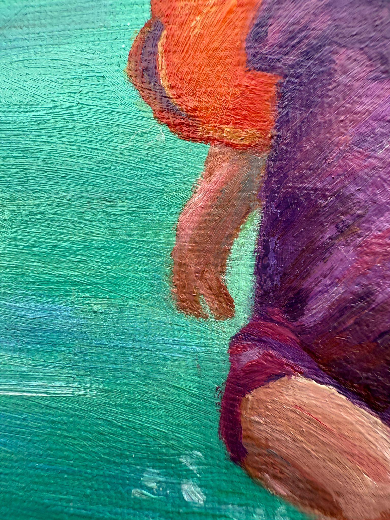 Scena di spiaggia blu e gialla in olio su lino. Ballon de Plage n.1 - Landscape Painting Blu di Bernadette van Baarsen 