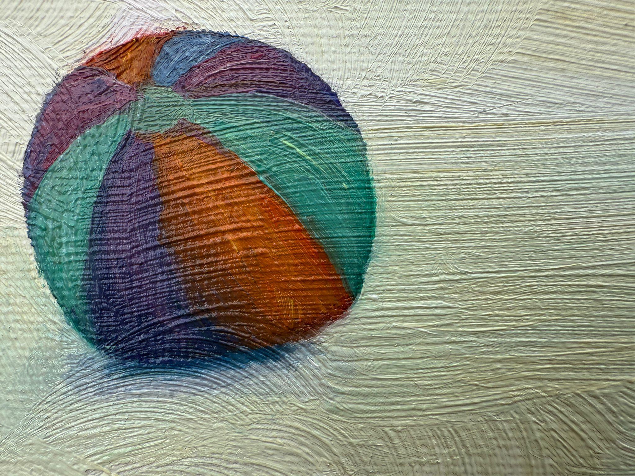 Scena di spiaggia blu e gialla in olio su lino. Ballon de Plage n.1 in vendita 2