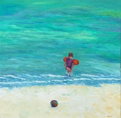 Scena di spiaggia blu e gialla in olio su lino. Ballon de Plage n.1