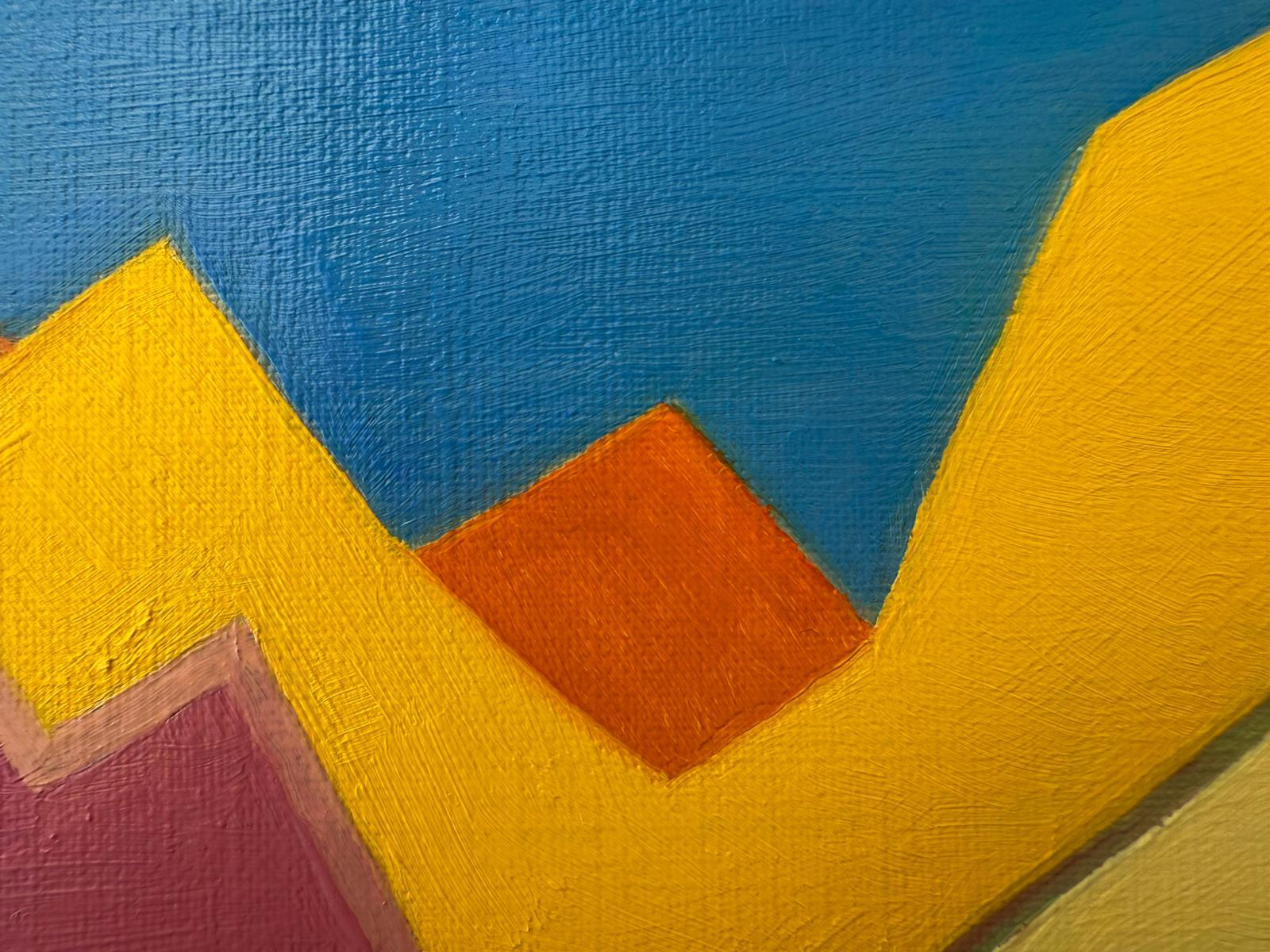 Eine zeitgenössische abstrakte geometrische Farbfeldlandschaft in Öl auf Leinwand auf Karton der niederländischen Künstlerin Bernadette Van Baarsen.  Unten links signiert und in einem weißen Tray-Rahmen präsentiert.

Dieses farbenfrohe und