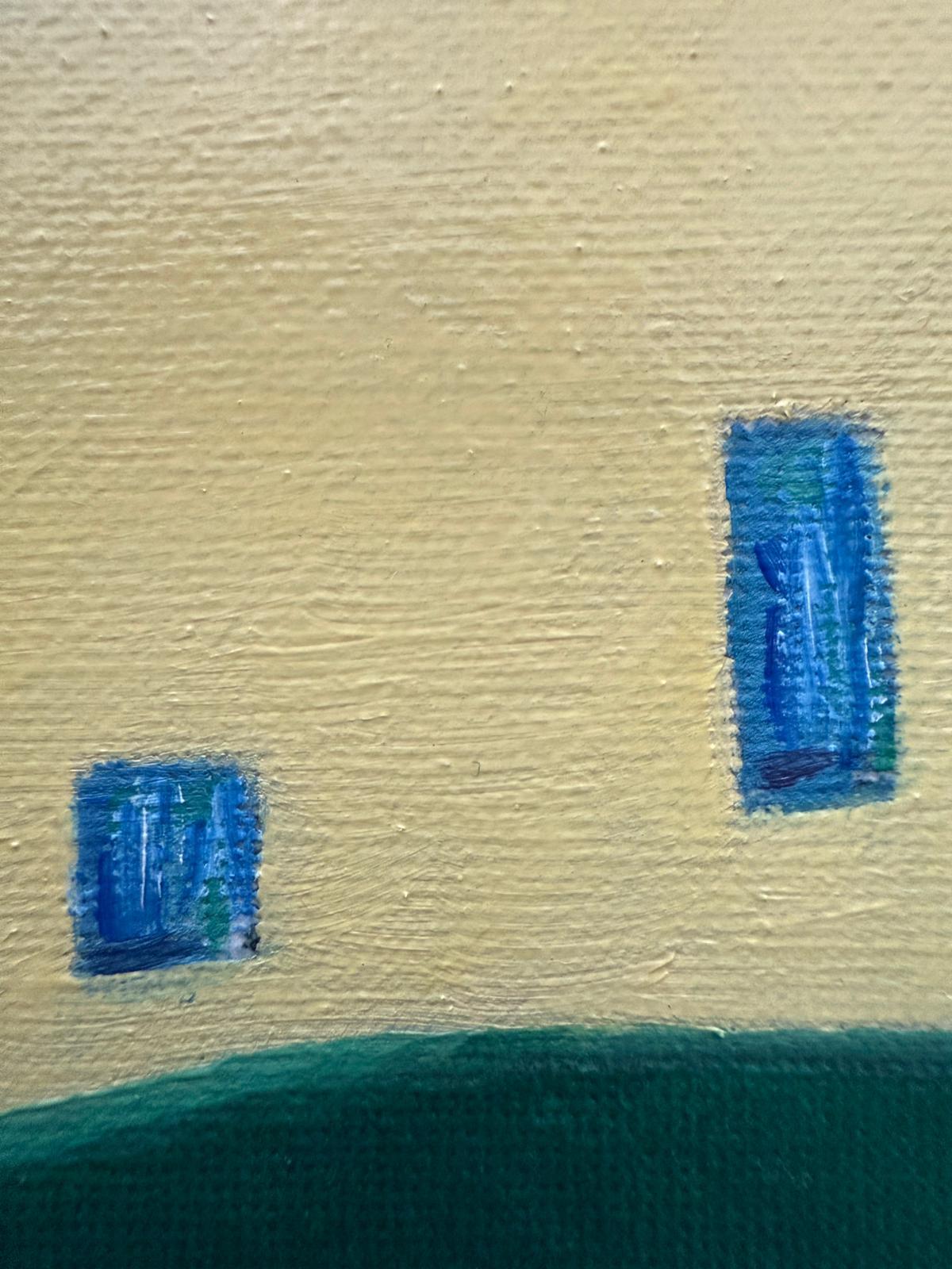 Eine zeitgenössische abstrakte geometrische Farbfeldlandschaft in Öl auf Leinwand von der niederländischen Künstlerin Bernadette Van Baarsen.  Unten rechts signiert und in einem tiefschwarzen Tray-Rahmen präsentiert.

Dieses farbenfrohe und