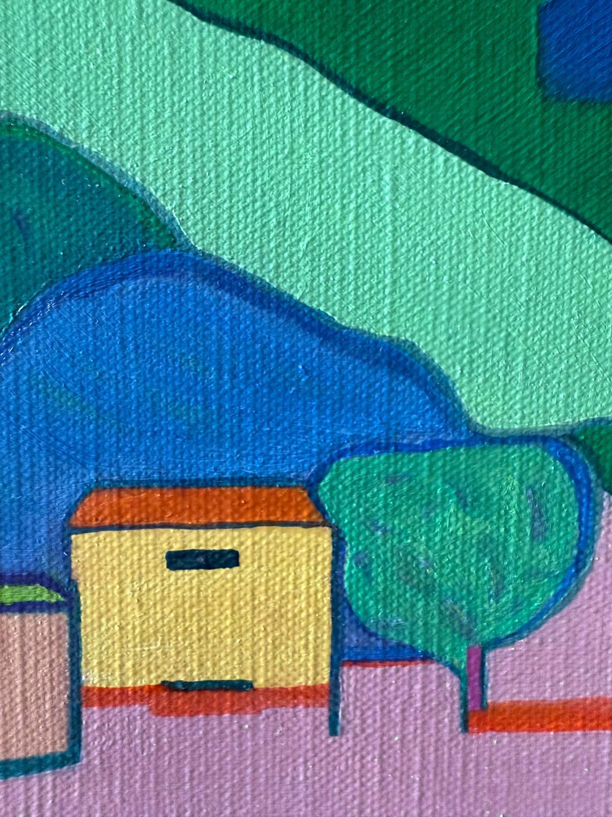 Paysage abstrait contemporain géométrique à champs de couleurs à l'huile sur toile de l'artiste néerlandaise Bernadette Van Baarsen.  Signée en bas à gauche et présentée dans un cadre à plateau blanc.

Très colorée et pleine d'énergie, cette