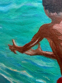Pittura a olio su tela in stile "Colorfield" contemporaneo. Scena sulla spiaggia. “Le Ballon Jaune”.