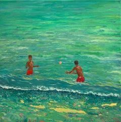 Pittura a olio su tela in stile "Colorfield" contemporaneo. Scena sulla spiaggia. “Le Ballon Jaune”.