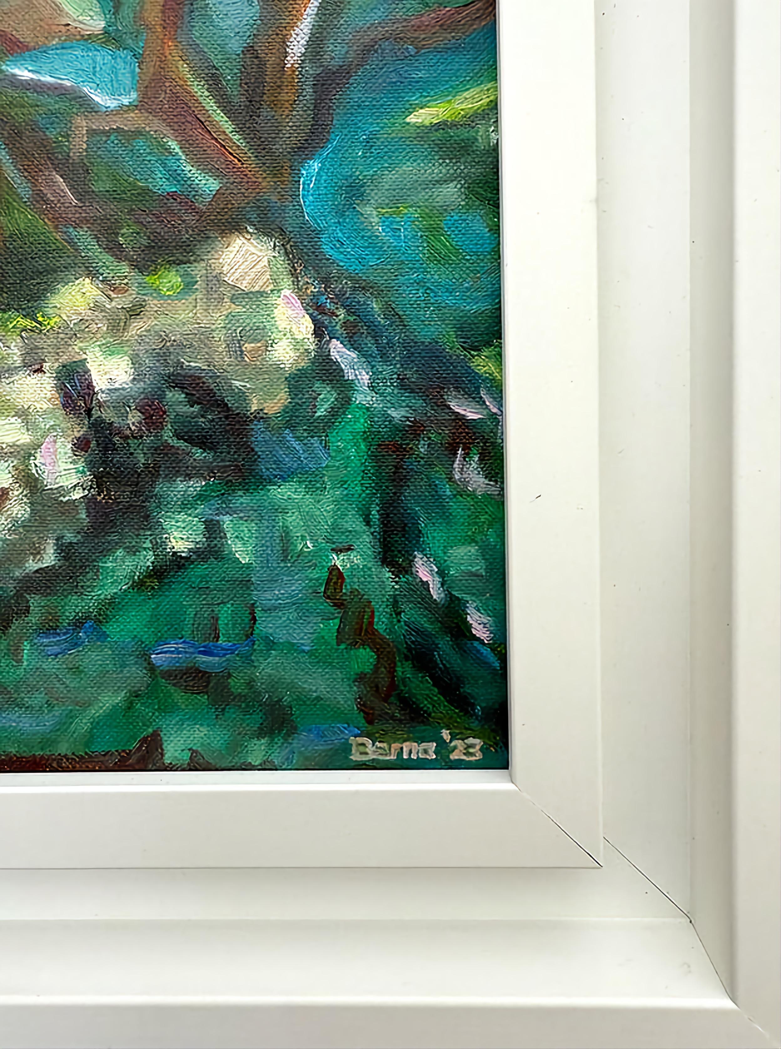 Zeitgenössisches expressionistisches Öl auf Leinen mit einer Eiche in der Provence von der niederländischen Künstlerin Bernadette Van Baarsen. Rechts unten signiert und in einer weißen Caisse americaine unter Glas präsentiert. 

Bernadette (