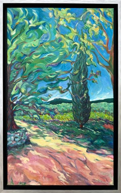 Olio espressionista contemporaneo su tela. Les Cyprès et le Gros Bessillon".