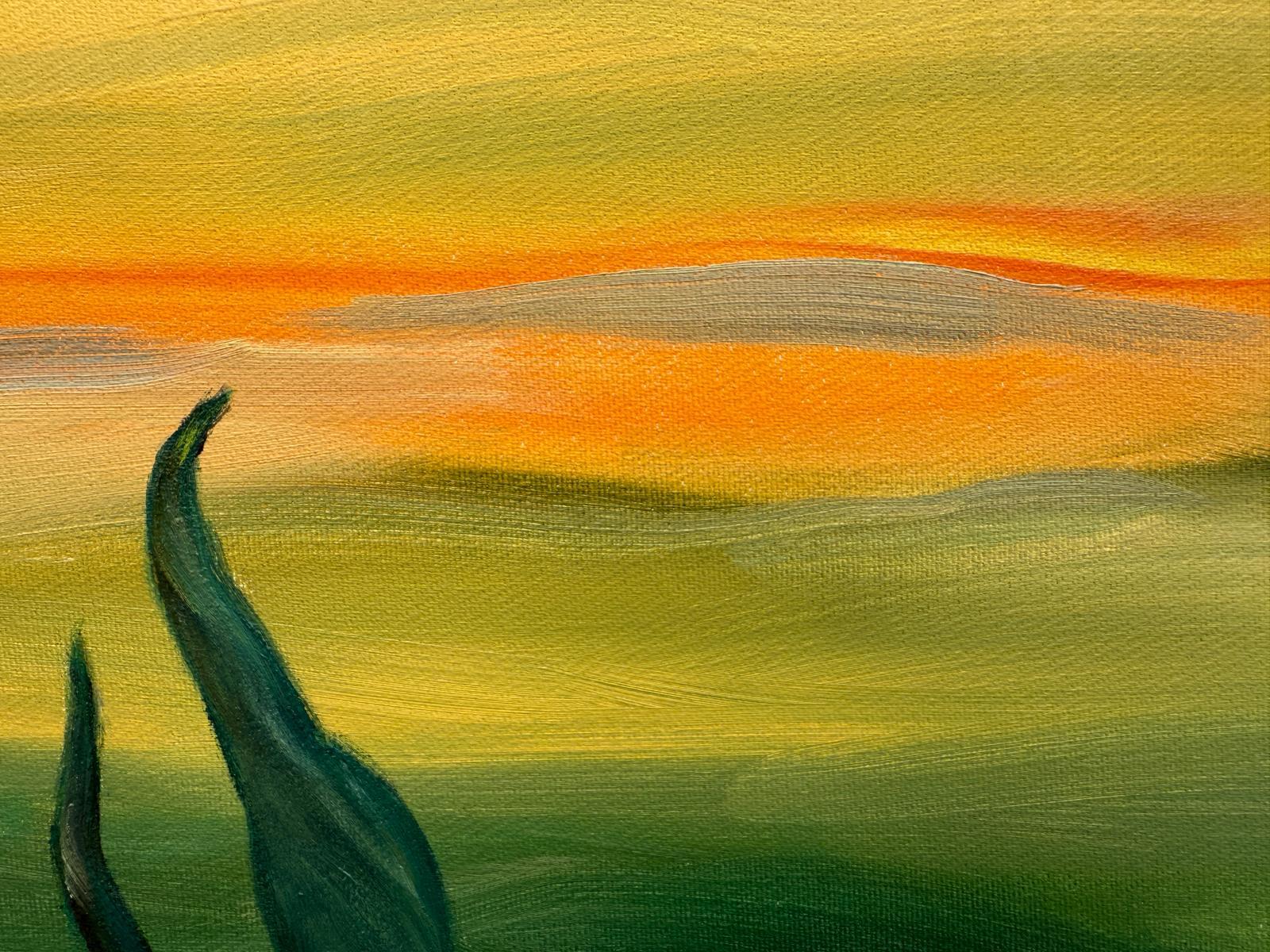 Grüne & gelbe provenzalische Landschaft in Öl auf Leinwand. 'Les Cyprès du Loup'. (Sonstige Kunststile), Painting, von Bernadette van Baarsen 