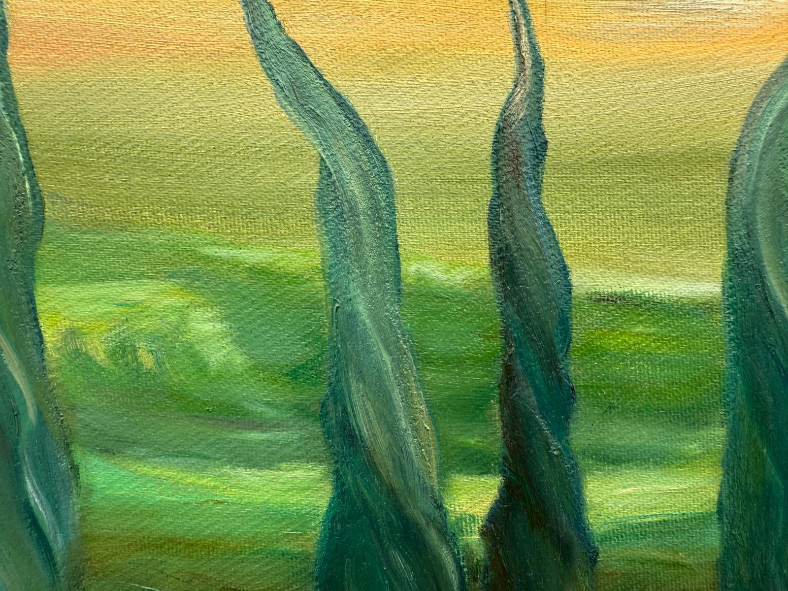 Zeitgenössische provenzalische Landschaft mit Zypressen in Öl auf Leinwand der niederländischen Künstlerin Bernadette Van Baarsen. Rechts unten signiert und in einem schwarz-silbernen Caisse-Americaine-Rahmen präsentiert. 

Dieses Kunstwerk zeigt