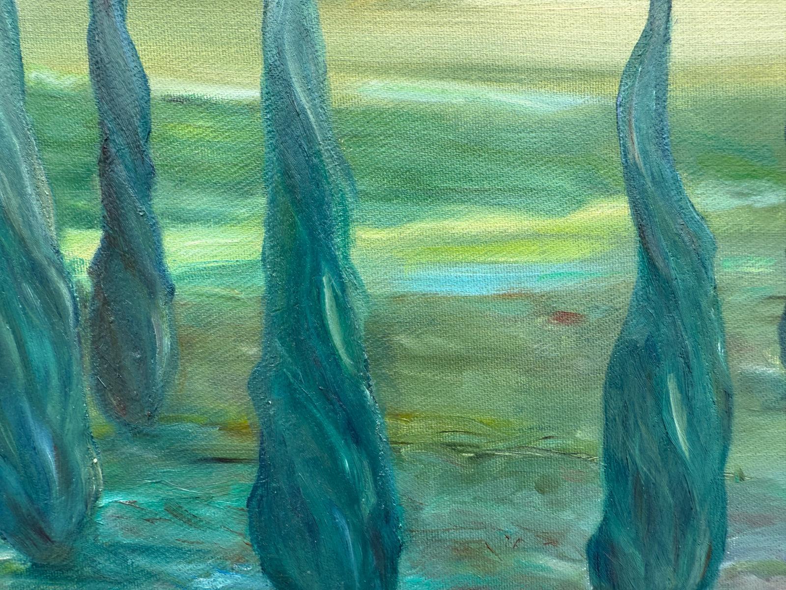 Grüne & gelbe provenzalische Landschaft in Öl auf Leinwand. 'Les Cyprès du Loup'. im Angebot 2
