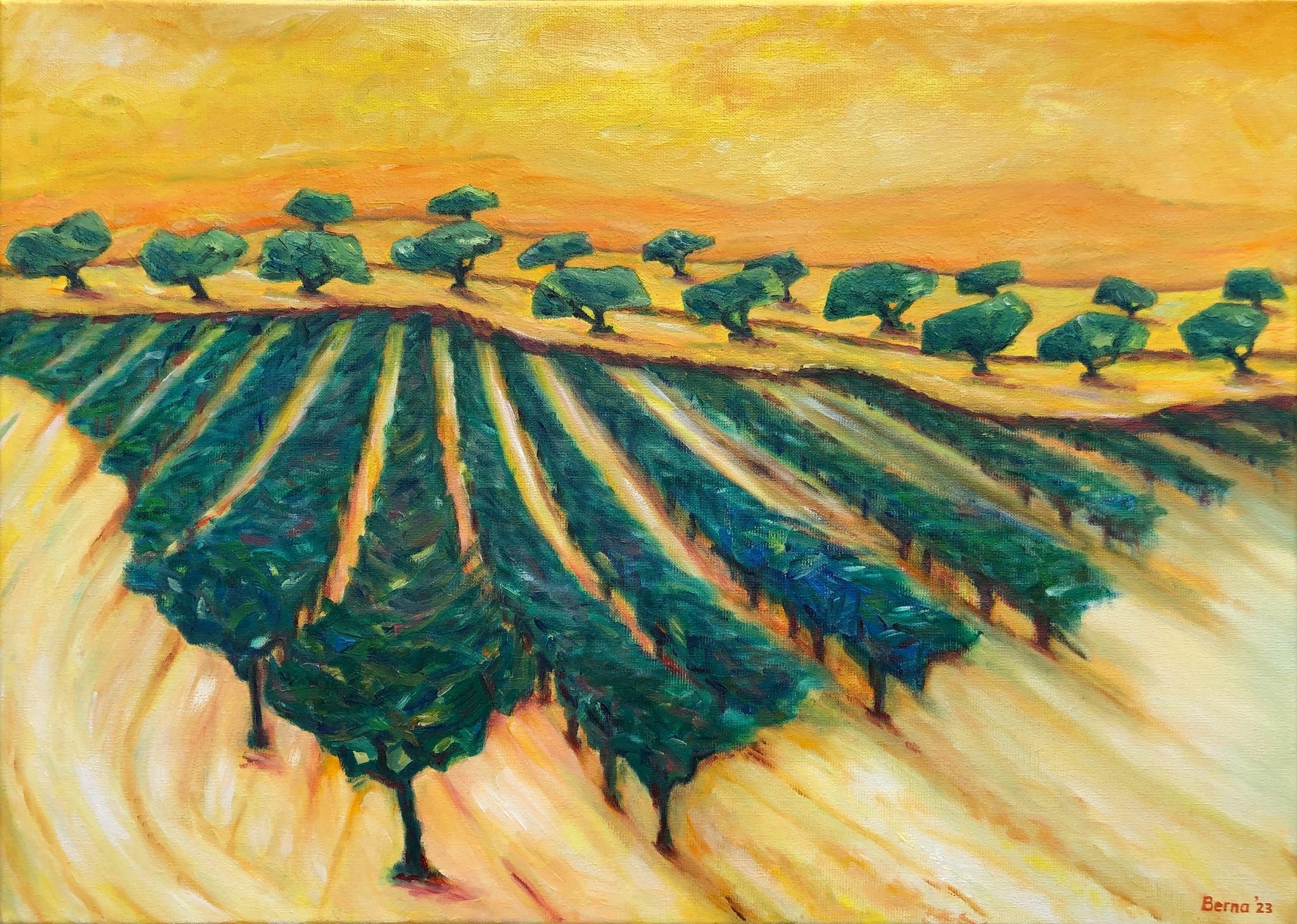 Paysage provençal vert et jaune à l'huile sur toile. Range de Rolle'. - Painting de Bernadette van Baarsen 