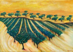 Green & Yellow Provençal Landscape in Oil on Canvas. 'Range de Rolle'.