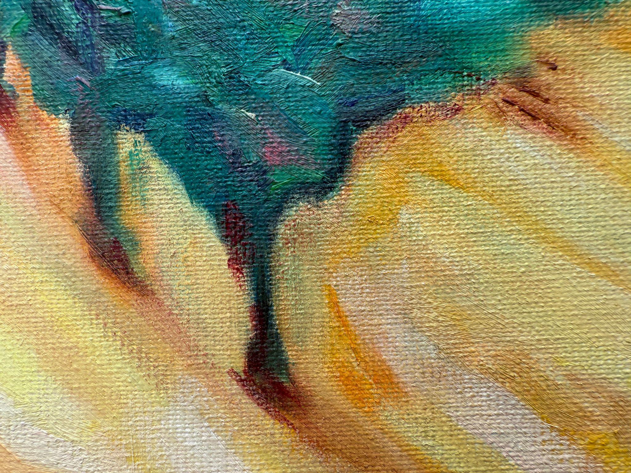 Paysage provençal vert et jaune à l'huile sur toile. Range de Rolle'. - Beige Landscape Painting par Bernadette van Baarsen 