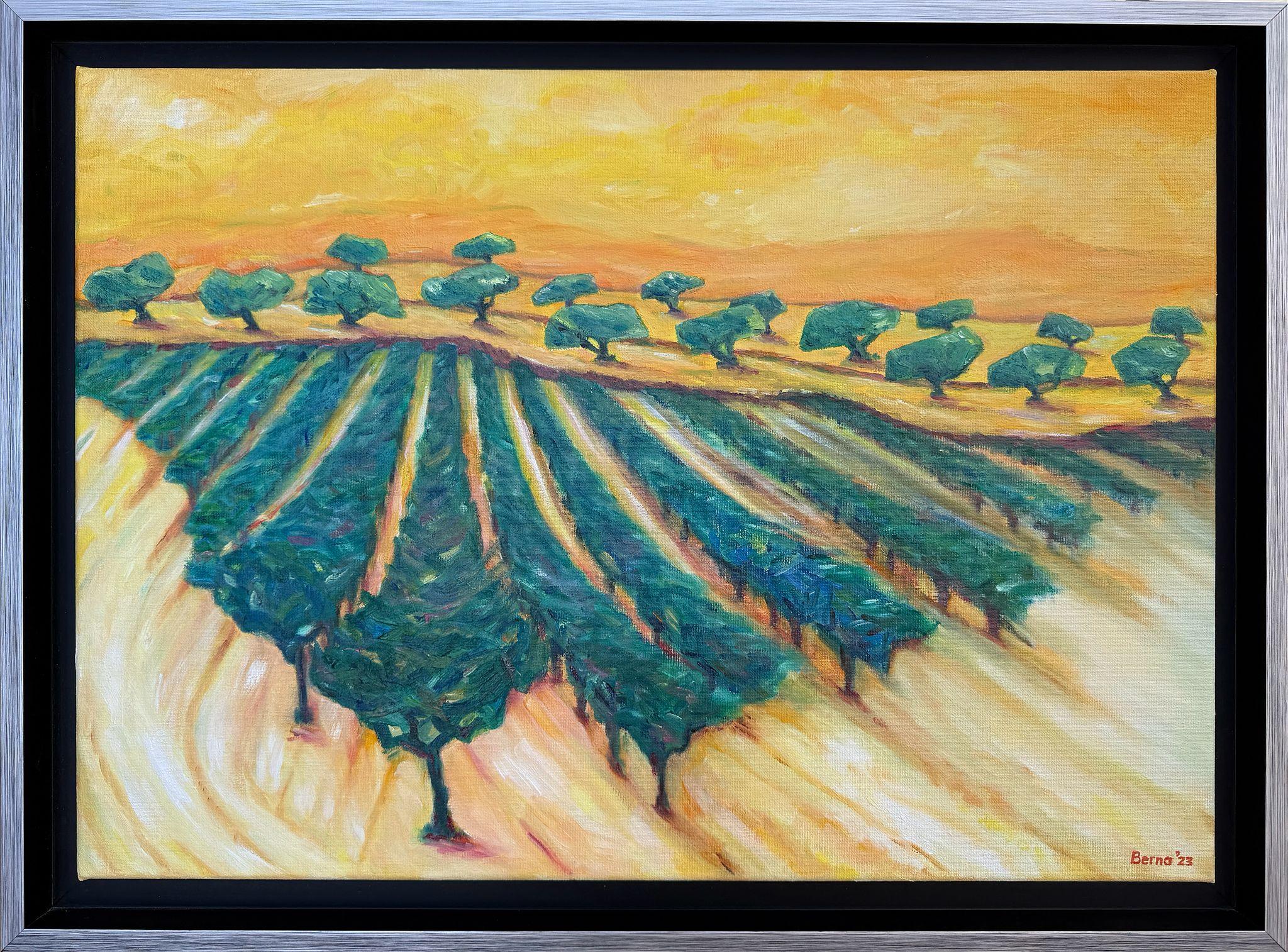 Landscape Painting Bernadette van Baarsen  - Paysage provençal vert et jaune à l'huile sur toile. Range de Rolle'.