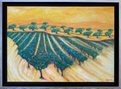 Paysage provençal vert et jaune à l'huile sur toile. Range de Rolle'.