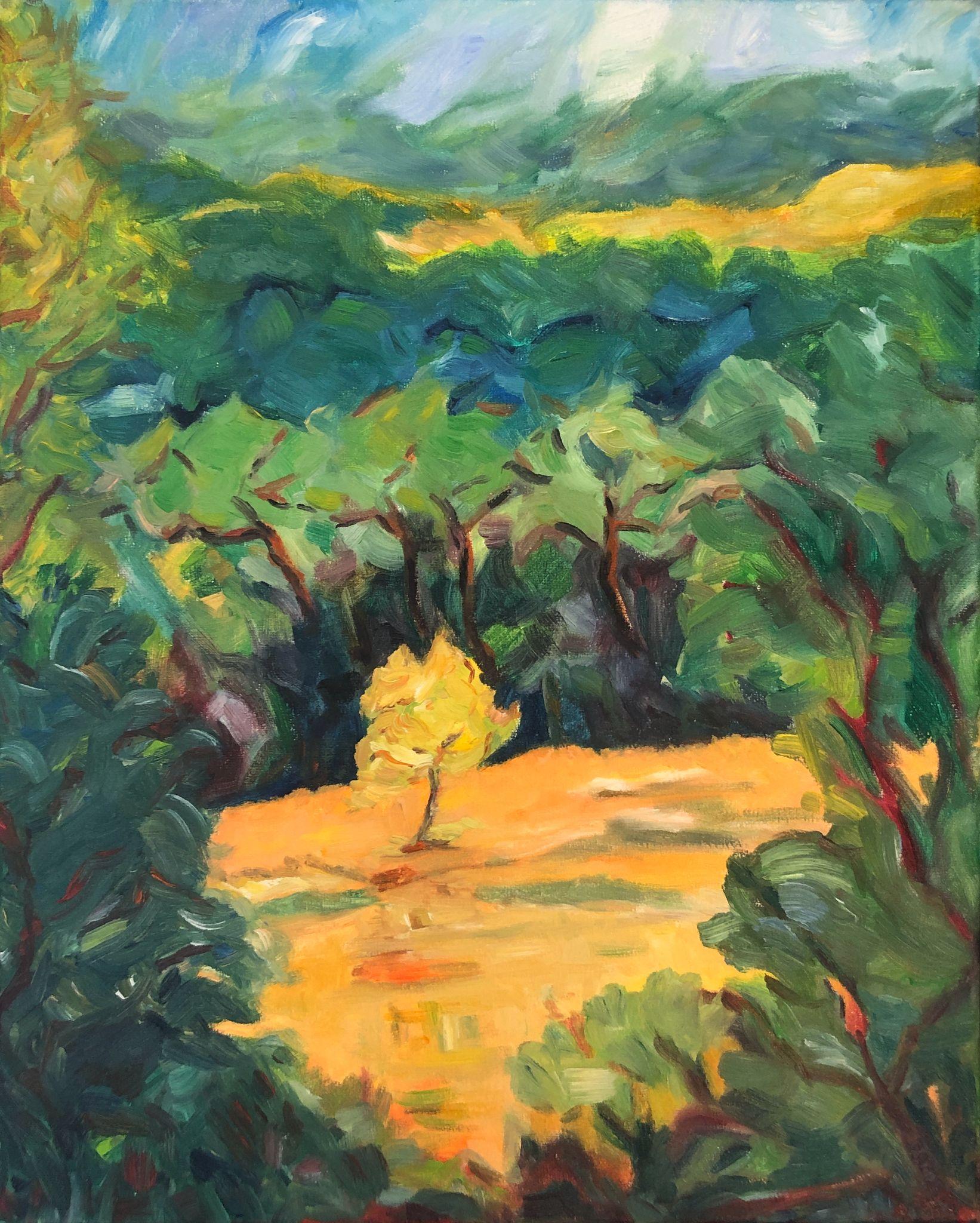 Grüne & gelbe provenzalische Landschaft in Öl auf Leinwand. 'Vallon de Saint-Jean'. (Sonstige Kunststile), Painting, von Bernadette van Baarsen 