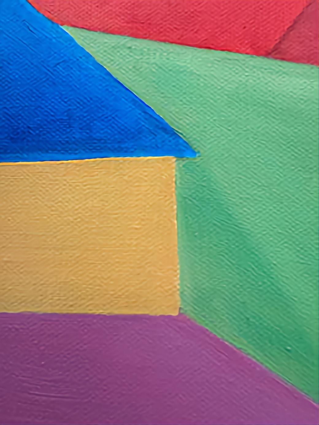 Intermezzo 2. Paesaggio astratto geometrico olio su tela. - Landscape Painting Blu di Bernadette van Baarsen 