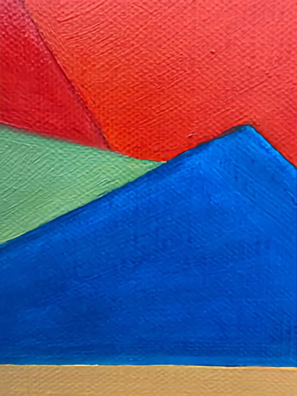 Un paesaggio astratto contemporaneo a campi di colore geometrici realizzato ad olio su tela dall'artista olandese Bernadette Van Baarsen.  Firmato in basso a destra e firmato, datato e titolato al retro.

Molto colorato e pieno di energia, questo