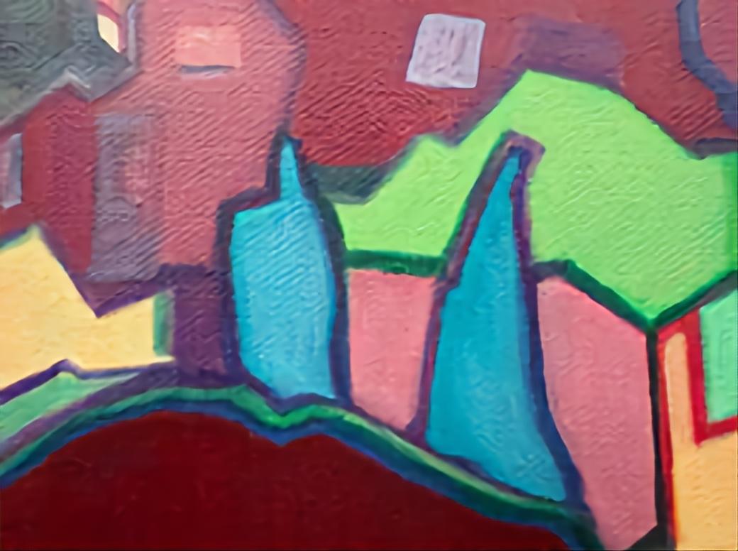 Intermezzo 3. Paesaggio urbano astratto contemporaneo a campi di colore. Olio su tela. - Painting di Bernadette van Baarsen 