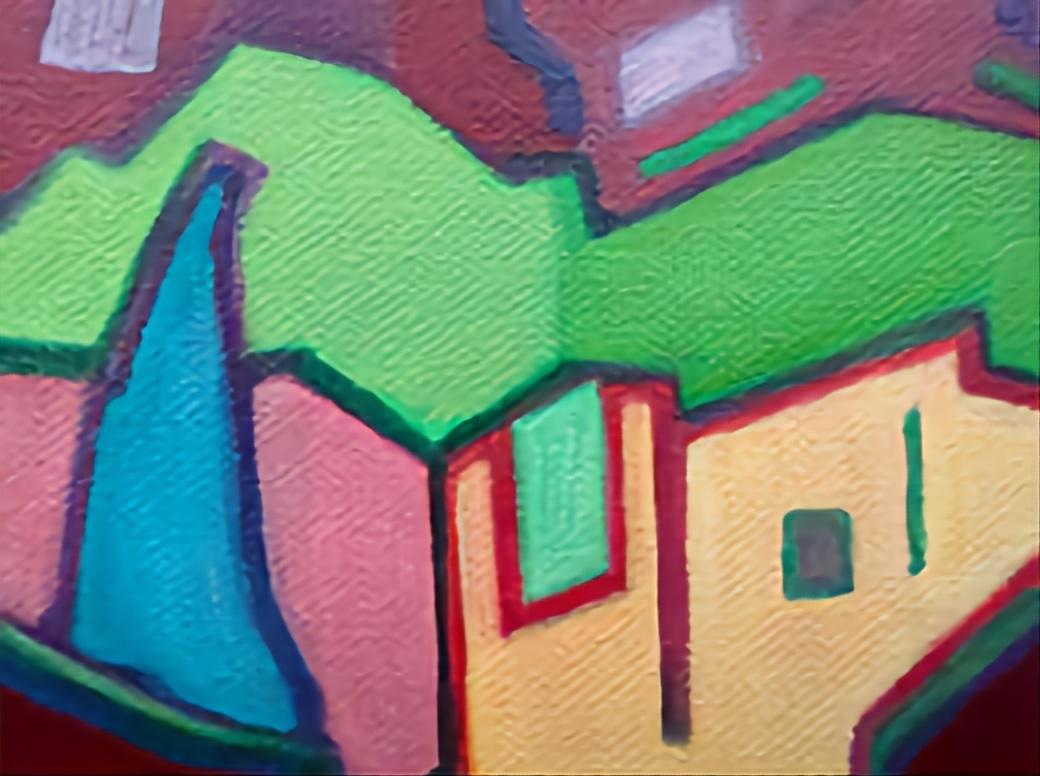 Intermezzo 3. Paesaggio urbano astratto contemporaneo a campi di colore. Olio su tela. - Landscape Painting Grigio di Bernadette van Baarsen 