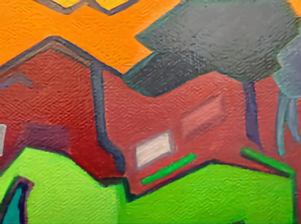 Un paesaggio astratto contemporaneo a campi di colore geometrici realizzato ad olio su tela dall'artista olandese Bernadette Van Baarsen.  Firmato in basso a sinistra e firmato e titolato al retro.

Molto colorato e pieno di energia, questo gioioso