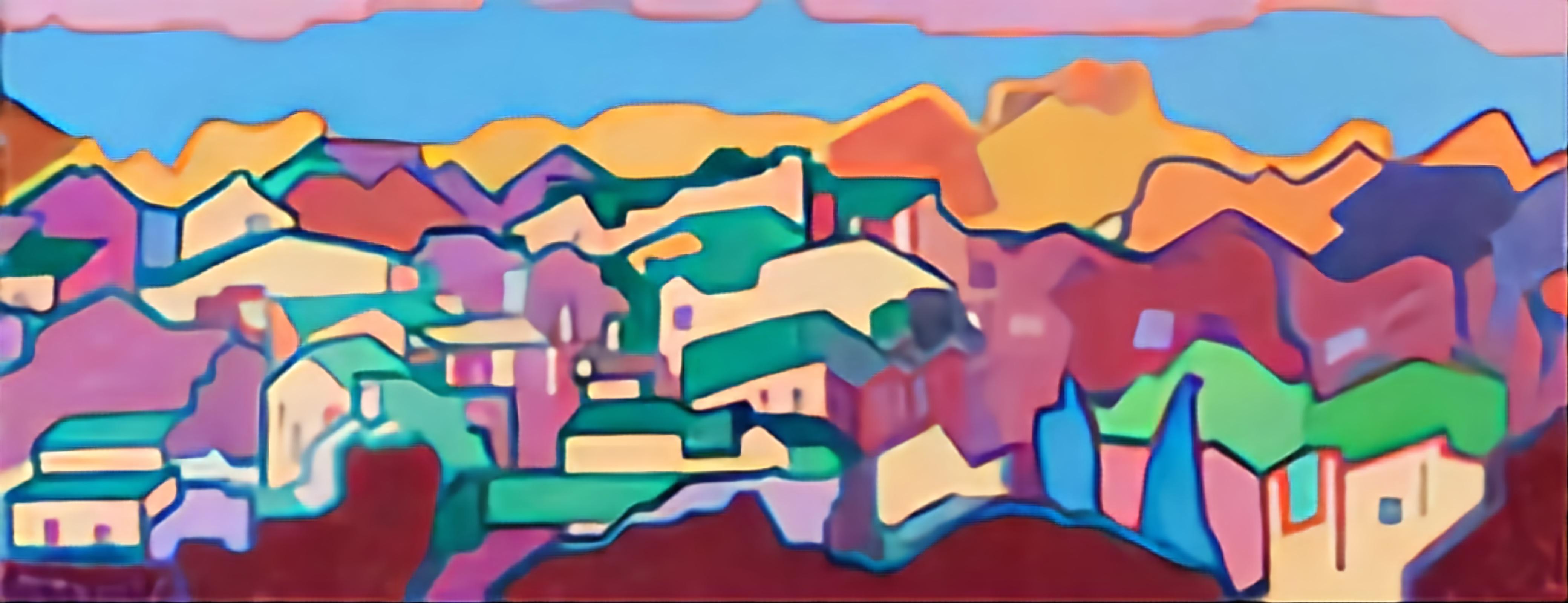 Landscape Painting di Bernadette van Baarsen  - Intermezzo 3. Paesaggio urbano astratto contemporaneo a campi di colore. Olio su tela.