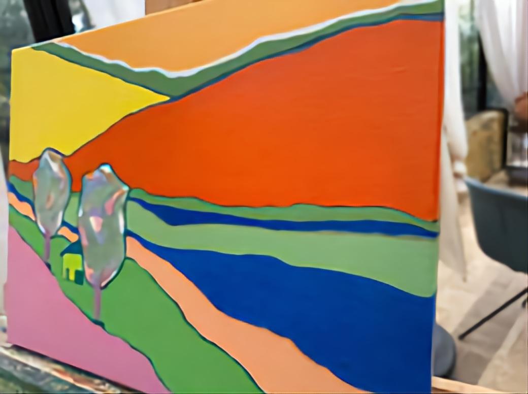 Intermezzo 8. Paesaggio astratto contemporaneo a campi di colore. Olio su tela. - Landscape Painting Marrone di Bernadette van Baarsen 