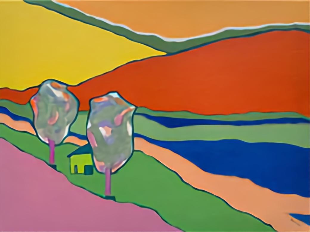 Landscape Painting di Bernadette van Baarsen  - Intermezzo 8. Paesaggio astratto contemporaneo a campi di colore. Olio su tela.