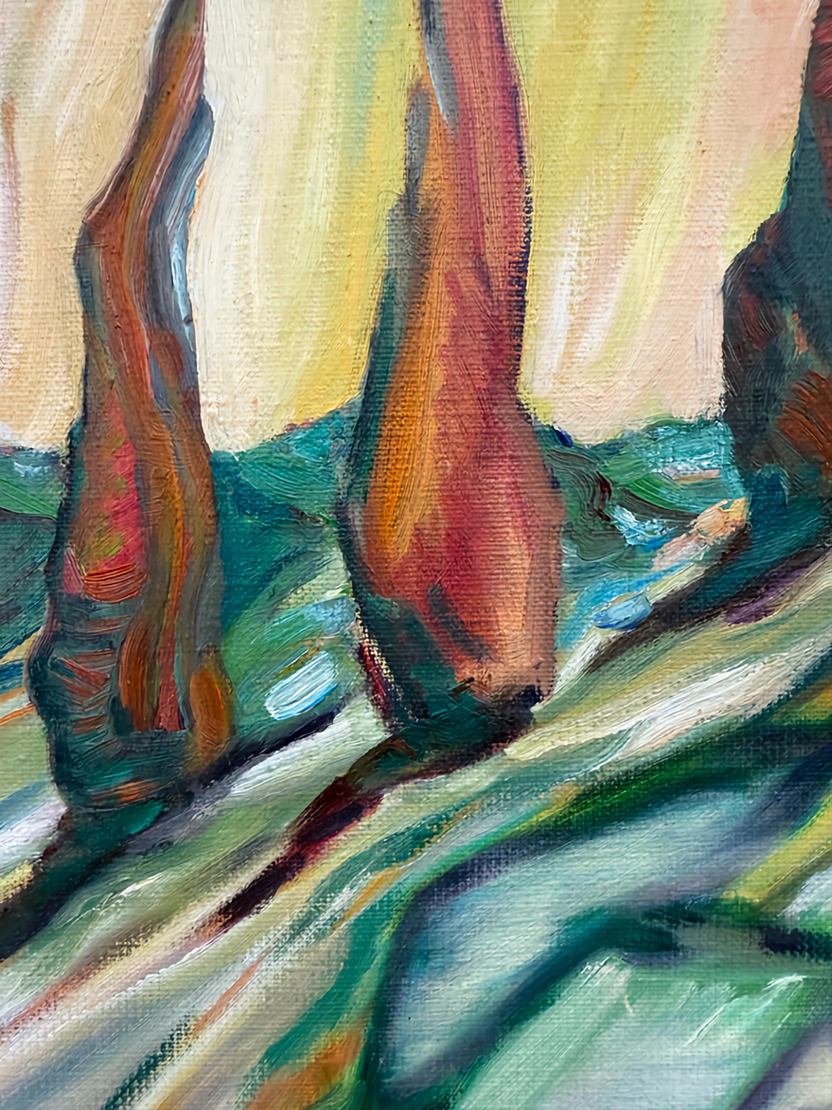 Contemporary expressionist/fauvist oil on linen of a Provençal landscape by Dutch artist Bernadette Van Baarsen. Signed bottom right and presented in a silver and black case frame.

This dynamic artwork captures a surreal landscape imbued with vivid